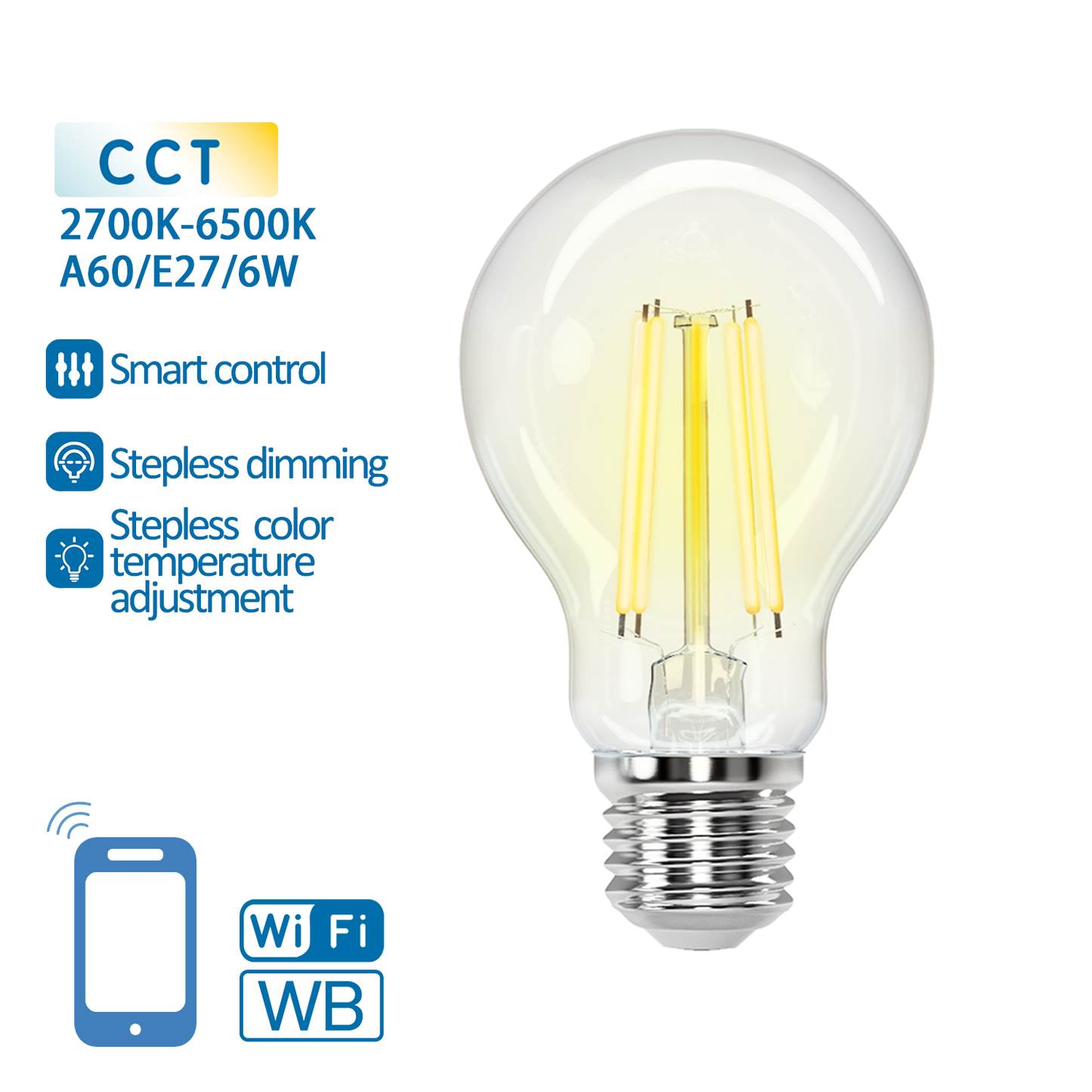 LAMPADINA LED SMART A60 filament - 6W alta efficienza- CCT  WIFI- BLUETOOTH - attacco E27 - compatibile Alexa e Google