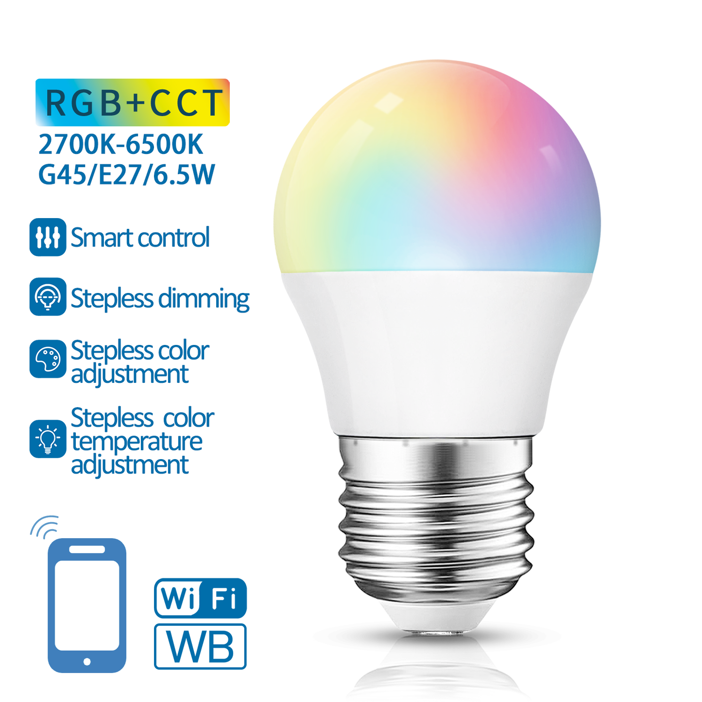 LAMPADINA LED SMART G45 - 6,5W - CCT+RGB  WIFI- BLUETOOTH - attacco E27 - compatibile Alexa e Google