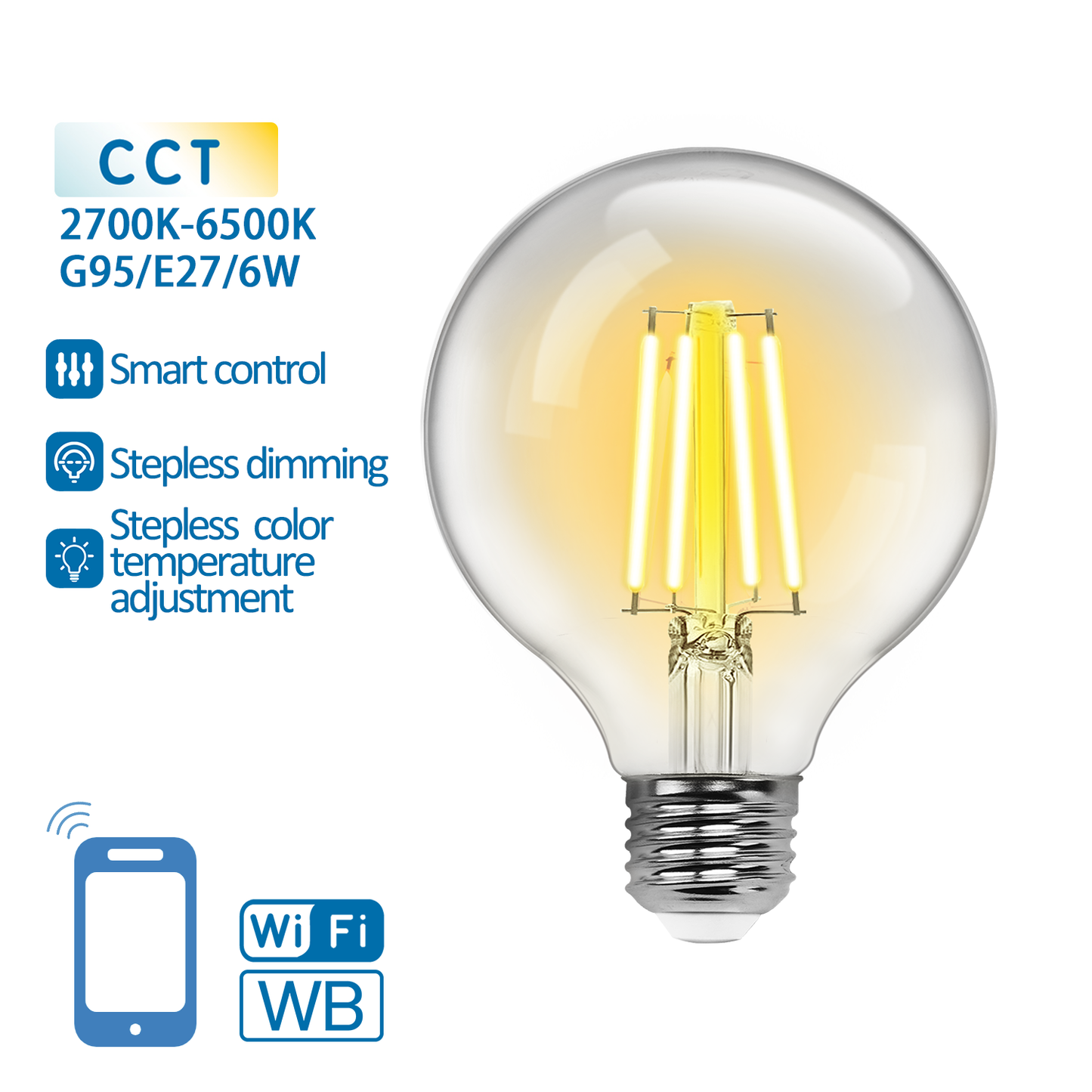 LAMPADINA LED SMART G95 filament - 6W alta efficienza- CCT  WIFI- BLUETOOTH - attacco E27 - compatibile Alexa e Google