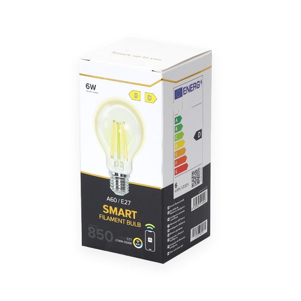 LAMPADINA LED SMART A60 filament - 6W alta efficienza- CCT  WIFI- BLUETOOTH - attacco E27 - compatibile Alexa e Google